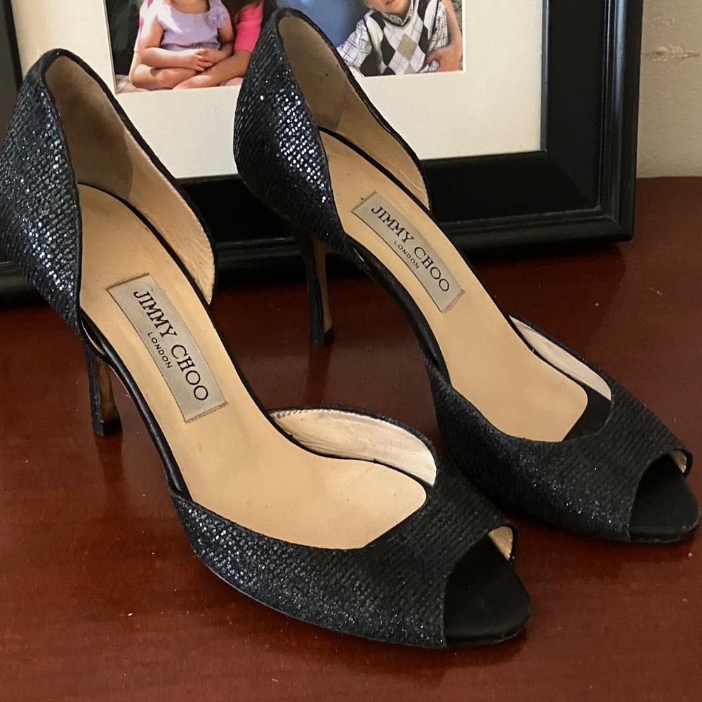 Jimmy Choo Black Glitter Peep Toe Heels